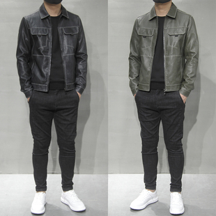 2023秋冬新款 翻领机车服皮衣外套潮流刺绣茄克上衣 皮夹克男修身