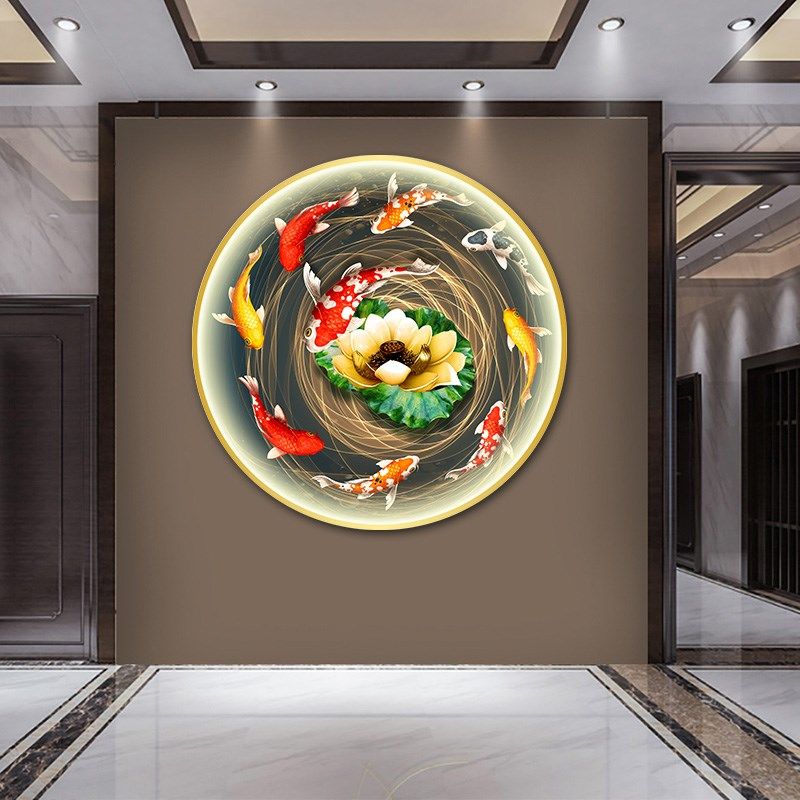 九鱼图招财挂画新中式圆形装饰画玄关带灯墙画led发光壁画锦鲤图,家居饰品,氛围画/灯画,淘宝优惠券,粉丝福利购,淘宝优惠卷