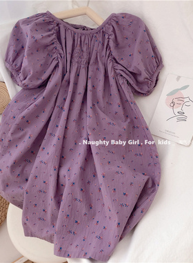 韩版夏季女童洋气连衣裙中小童泡泡袖碎花裙子女宝宝公主裙紫色软