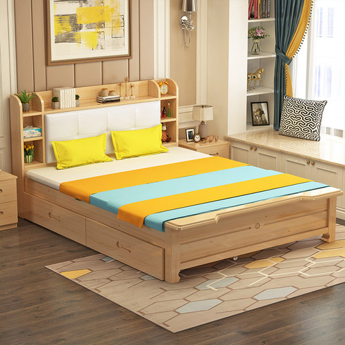 实木牀家用小户型单人牀现代简约木牀卧室1.8米双人牀软包收纳牀