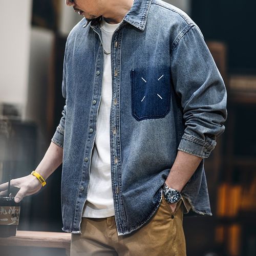 美式工装牛仔衬衫男士春季2025新款复古水洗刺绣衬衣宽松男款外套