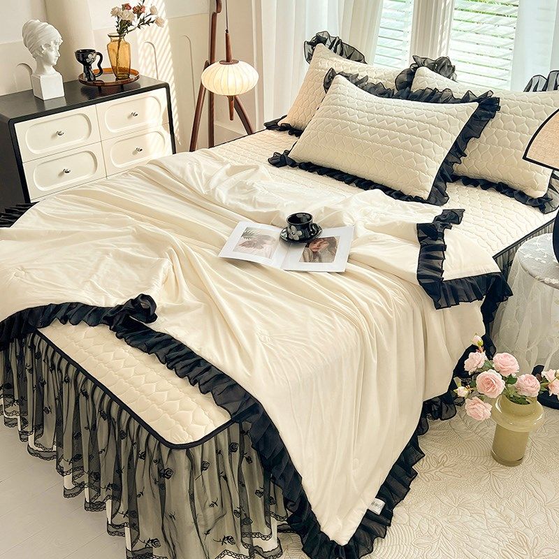 奶油风赫本黑白色乳胶凉席夏凉被三四件套床裙款冰丝软席可机洗夏,床上用品,乳胶席,淘宝优惠券,粉丝福利购,淘宝优惠卷