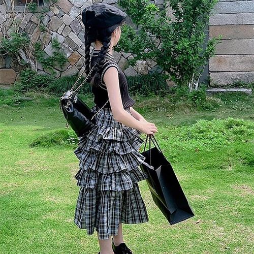 小梦韩国童装女童套装儿童背心2025春夏新款度假风蛋糕裙长裙