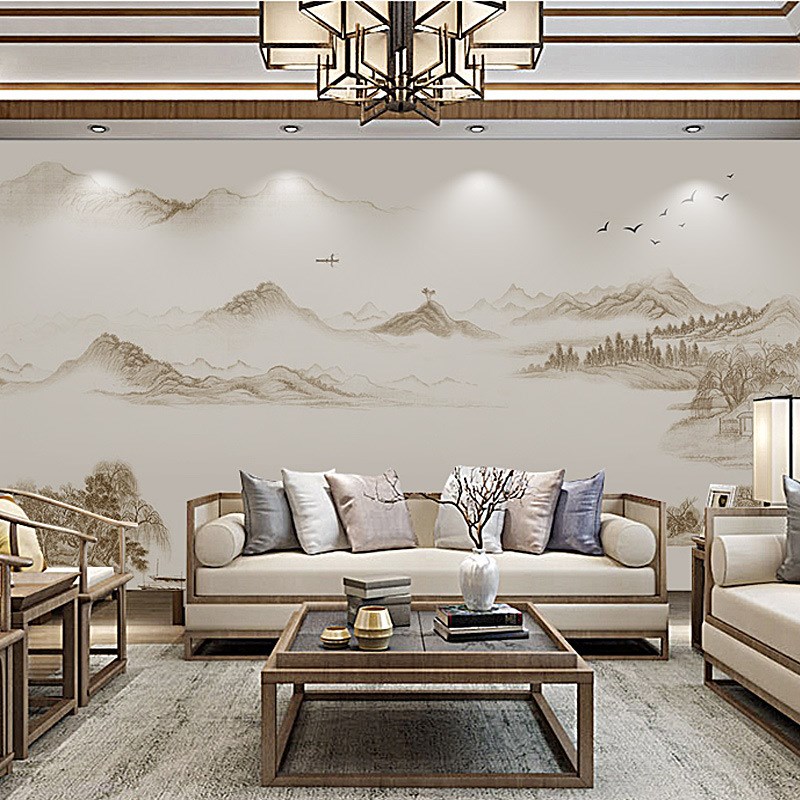 18d中式电视背景墙纸r客厅沙发无缝墙布书房国画水墨山水壁纸壁画