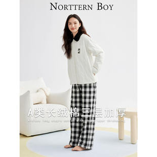 A类新疆长绒棉睡衣女三层夹棉秋冬季加厚保暖刺绣男士家居服套装