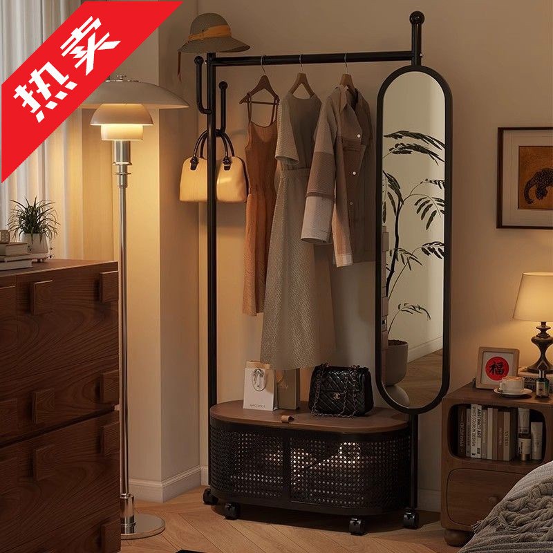 衣帽架全身镜一体卧室落地式可移动置物架L现代简约多功能收纳衣