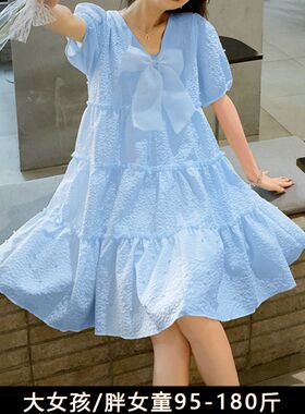 胖女孩公主裙加肥加大大码初中高中学生夏装大童裙子胖女童连衣裙