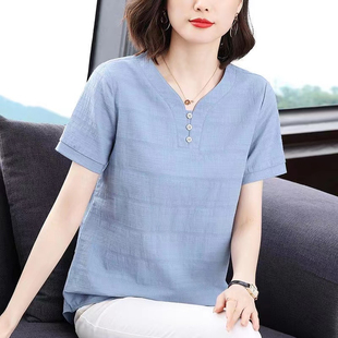 妈妈夏装纯棉短袖t恤女中老年宽松大码上衣服v领半袖洋气小衫薄款