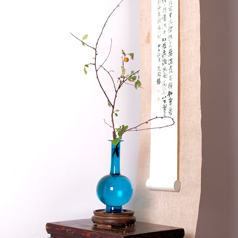 雀蓝色花瓶玻璃净瓶仿宋瓶仿古文人水培花器古典中式插花器皿空间