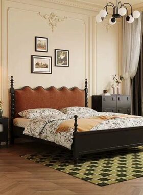 中古风实木床主卧双人1.8米大床黑色法式复古风小户型储物软包床