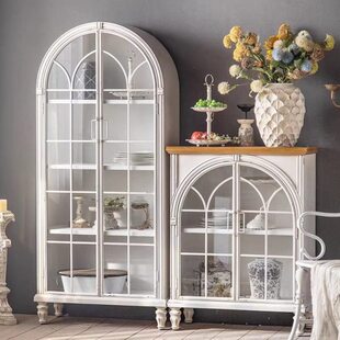 法式餐边柜白色复古玻璃柜子展示柜家用客厅靠墙落地实木拱形书柜