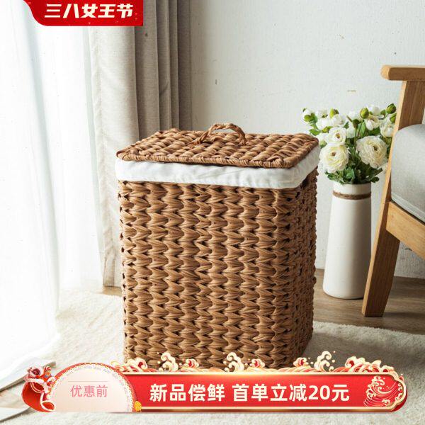 轻奢风欧式仿藤编脏衣篮带盖子内衬高端长方形洗衣篓手编收纳筐