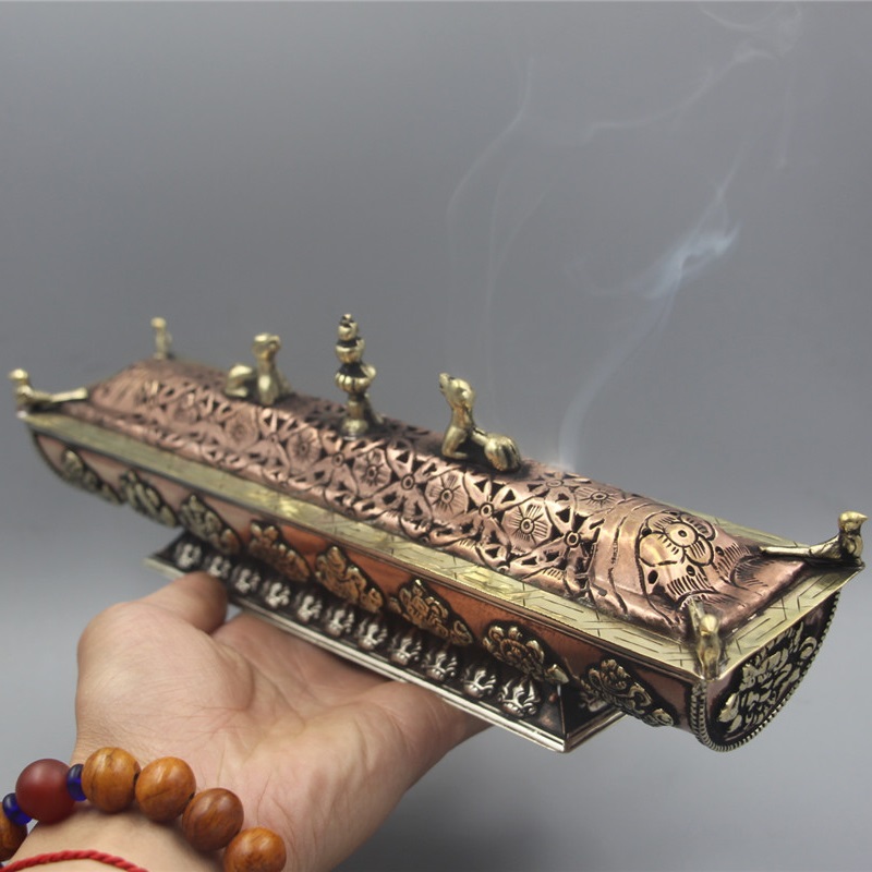 香薰炉尼泊尔手工纯铜镂空吉x祥八宝大号复古做旧卧香炉线香塔香