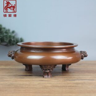 狮首耳三足炉家用寺庙铜香炉线香炉供香炉 铜聚德纯紫铜大明宣德款