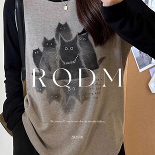 大码女装卡通印花拼色圆领长袖T恤女春秋胖MM显瘦百搭打底衫上衣