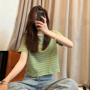 洋气宽松小个子休闲高腰短款 新款 上衣 t恤女夏季 绿色条纹正肩短袖
