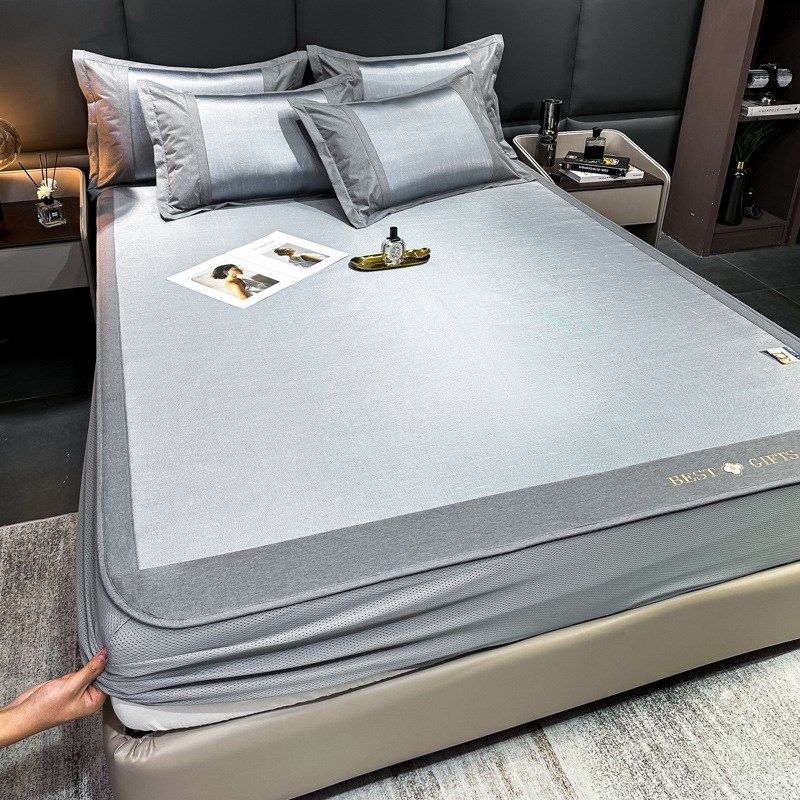 吉录2024新款高精密刺绣高档床席平铺款床笠款冰丝可折叠凉席三件