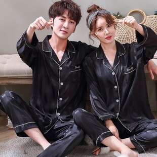 套装 情侣睡衣男长袖 夏季 大码 春秋冰丝家居服丝绸睡衣女可外穿薄款