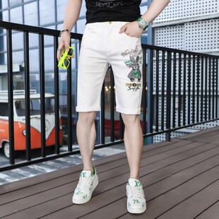 男白色五分裤 欧版 修身 夏季 弹力休闲马裤 刺绣牛仔短裤 中裤 潮流 薄款