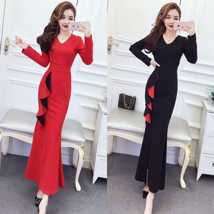晚礼服女长裙宴会气质拼色V领荷叶边修身包臀鱼尾裙红色连衣裙女