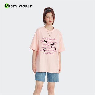半袖 新款 上衣 t恤女2024春夏季 迷雾世界文艺简约粉色字母涂鸦短袖