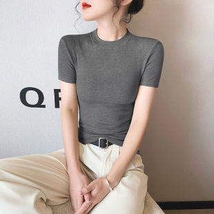 t恤女2025夏季 针织薄款 新款 半袖 正肩上衣 暗灰小高领修身 螺纹短袖