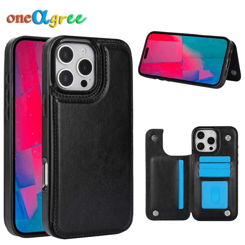 Oneagree适用苹果iPhon16/15/13 Pro Max手机壳14Plus保护套纯色双扣12Pro可插卡卡包16e支架欧美风