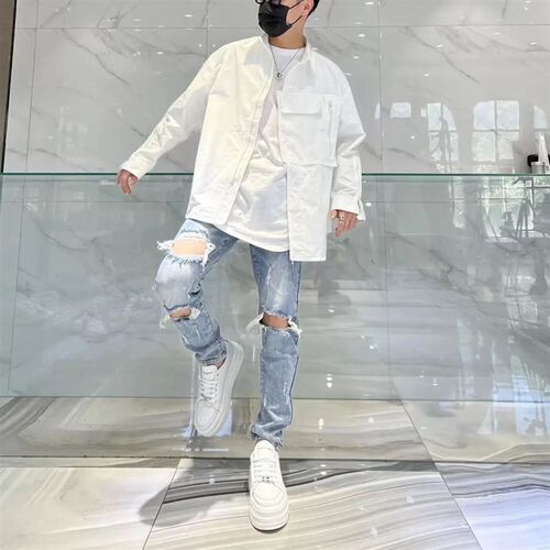 2022春夏季新款乞丐牛仔裤男浅蓝色破洞修身休闲裤水洗设计感裤子