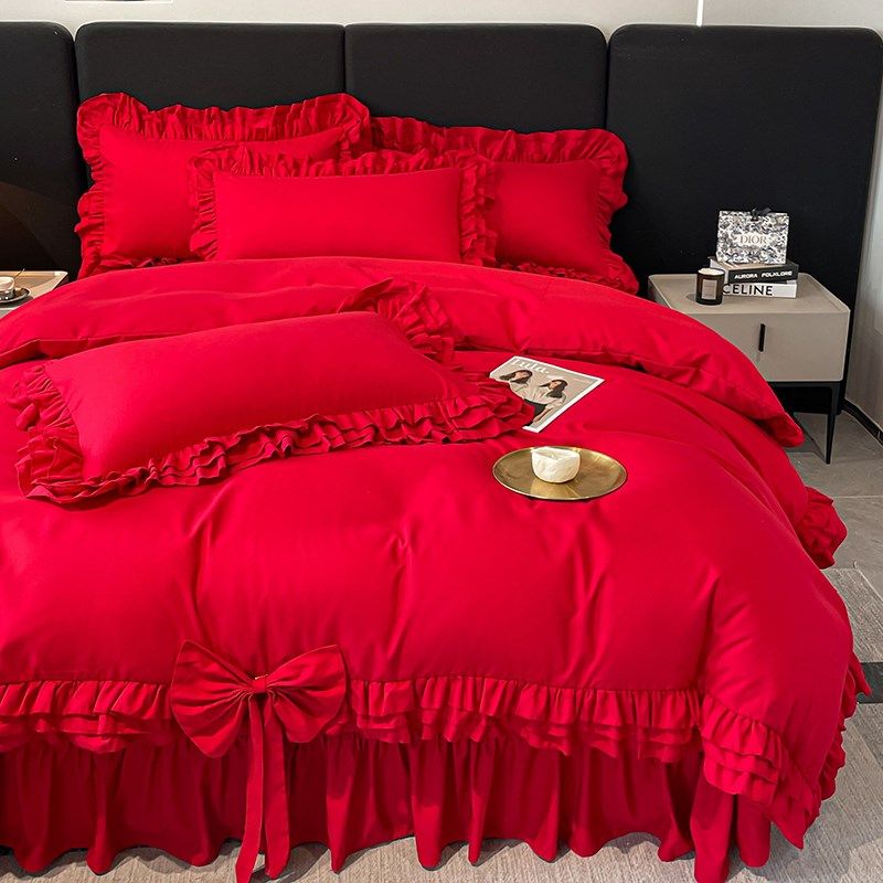 韩式大红色公主风四件套花边被套婚庆牀上用品牀单被套结婚婚房喜,床上用品,婚庆床品套件,淘宝优惠券,粉丝福利购,淘宝优惠卷