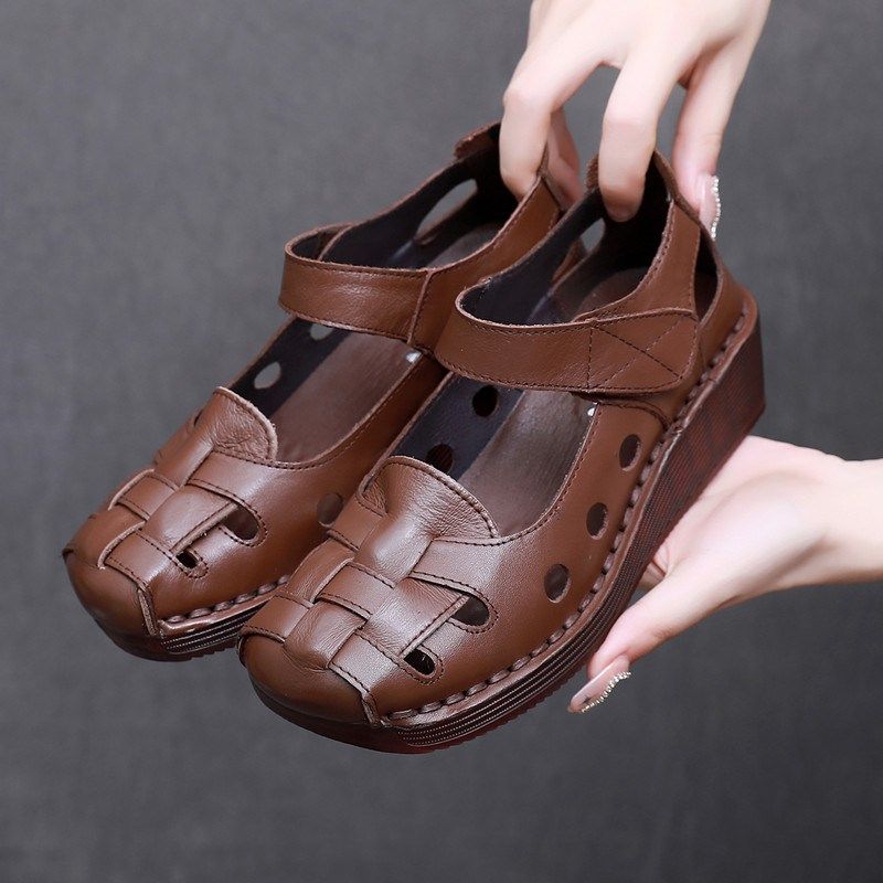 牛皮牛筋底坡跟凉鞋女夏季新款软底防滑真皮妈妈鞋中老年厚底女鞋,女鞋,罗马凉鞋,淘宝优惠券,粉丝福利购,淘宝优惠卷