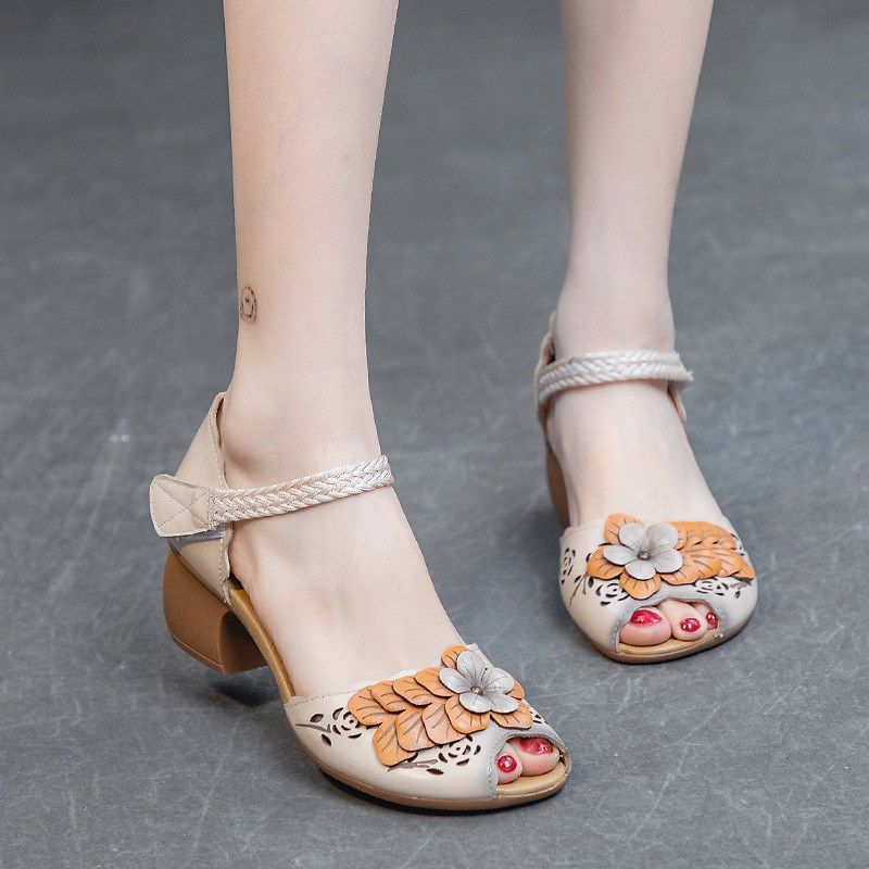 头层牛皮凉鞋真皮女鞋夏季妈妈鞋中跟粗跟花朵鱼嘴手工复古名族风,女鞋,一字带凉鞋,淘宝优惠券,粉丝福利购,淘宝优惠卷