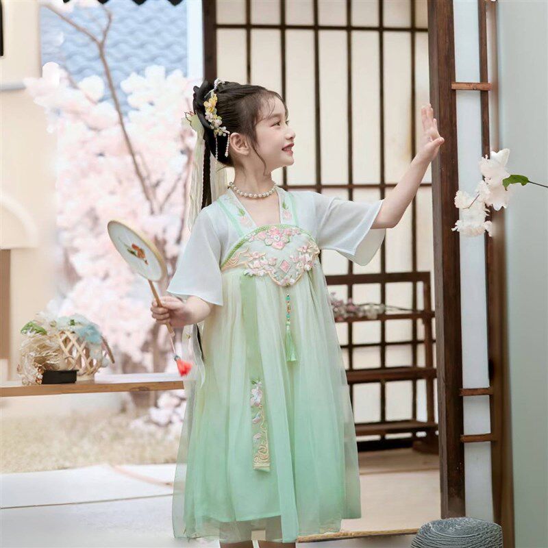 汉服女童2025夏季新款超仙刺绣雪纺网纱裙子中国风古装儿童连衣裙