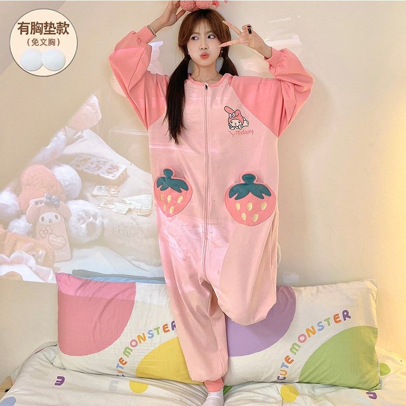 连体睡衣女春秋长袖2024新款带胸垫纯棉孕妇睡衣家居服卡通学生