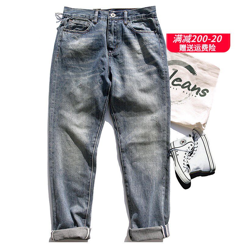 日系无弹纯棉复古做旧磨破猫须小直筒牛仔裤青年休闲长裤男士潮流