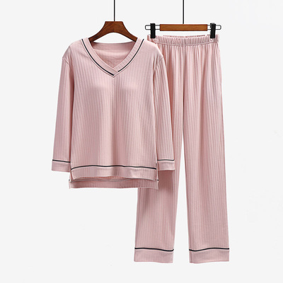新款纯棉秋冬带胸垫罩杯一体式睡衣长袖长裤可外穿休闲家居服套装