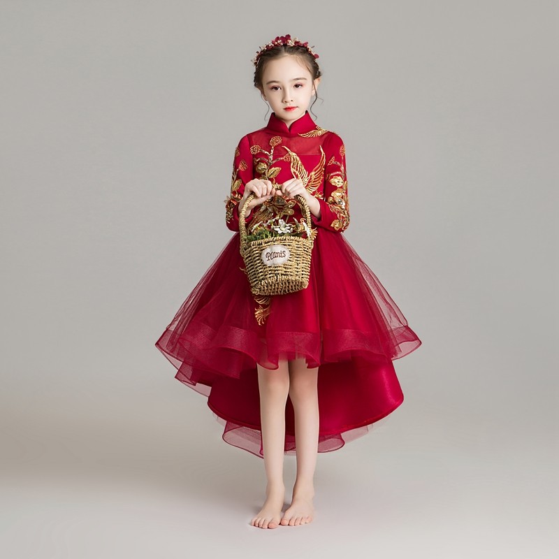 儿童晚礼服中国风小孩花童婚纱女童走秀演出服洋气旗袍拜年服高端