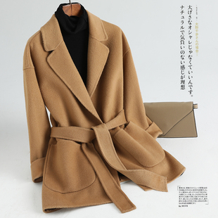 双面羊绒大衣女中长款系带收腰2021年新款春季短款小个子毛呢外套
