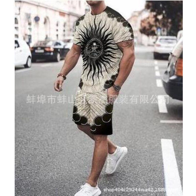 2023外贸夏季男士套装,印花短袖短裤两件套休闲运动男士套装