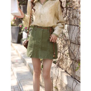 温敏er复古港风绿色半身裙女春夏新款高腰显瘦小个子直筒A字裙裤