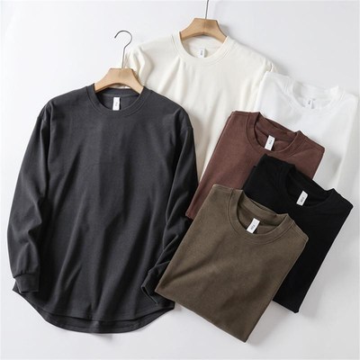 超大码300斤双面德绒打底衫男装秋冬宽松保暖长袖t恤弧形下摆上衣