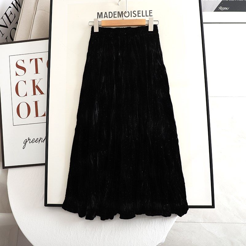 影系2025春季新款松紧高腰烫钻设计显瘦百搭黑色垂感丝绒半身裙,女装/女士精品,半身裙,淘宝优惠券,粉丝福利购,淘宝优惠卷