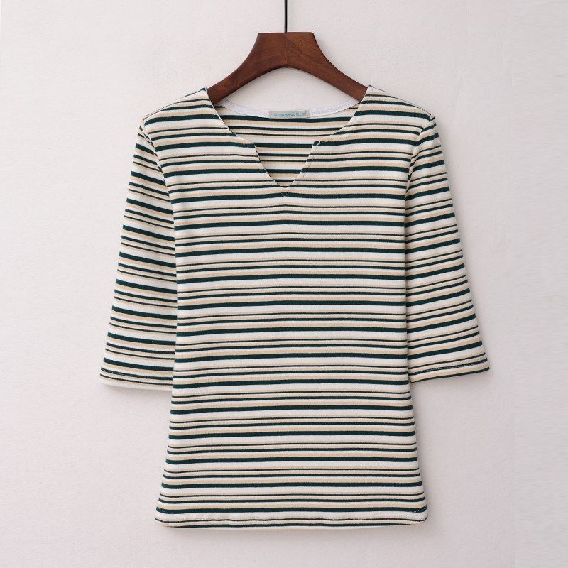 春装纯棉新款女装T恤V领条纹修身韩版针织打底衫中袖上衣秋冬内搭,女装/女士精品,T恤,淘宝优惠券,粉丝福利购,淘宝优惠卷