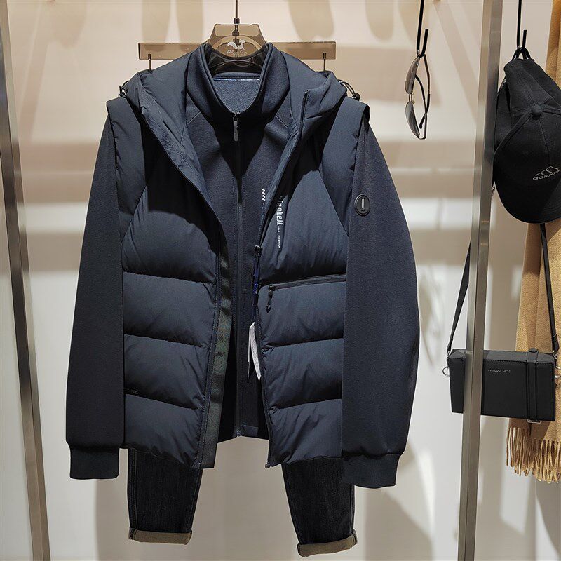 高端羽绒男士24冬新款时尚休闲抓绒卫衣羽绒马甲两件套保暖外套男