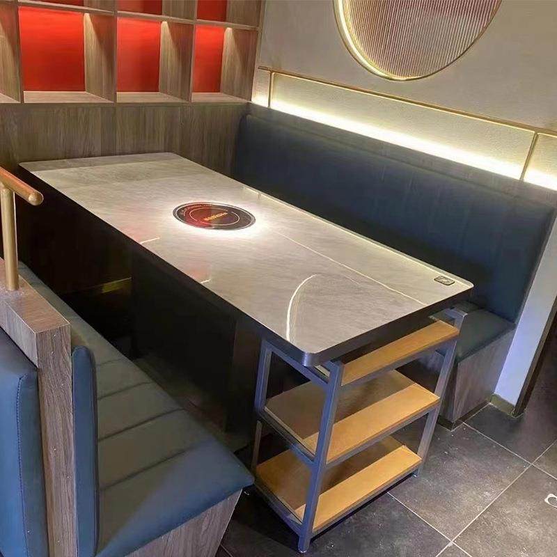 实木岩板火锅桌餐饮商用无烟电磁炉一体桌子烤涮一体火锅桌餐厅用