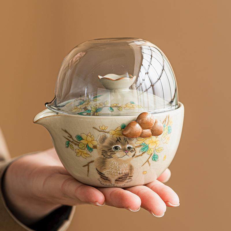 萌猫汝窑手抓壶旅行茶具套装便携式包户外露营泡茶快客1壶2杯,清洗/食品/商业设备,风口/风叶/风机配件,淘宝优惠券,粉丝福利购,淘宝优惠卷
