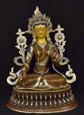 尼泊尔精品手工艺47cm紫铜鎏银白度母精品居家摆件禅意铜像