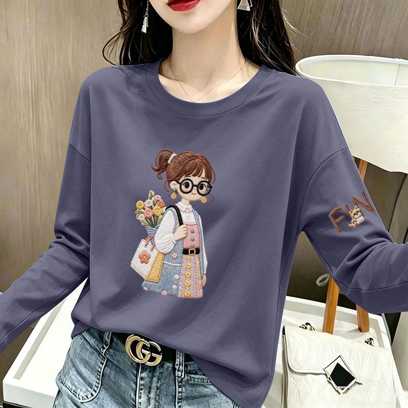 100%纯棉长袖印花紫蓝色T恤女