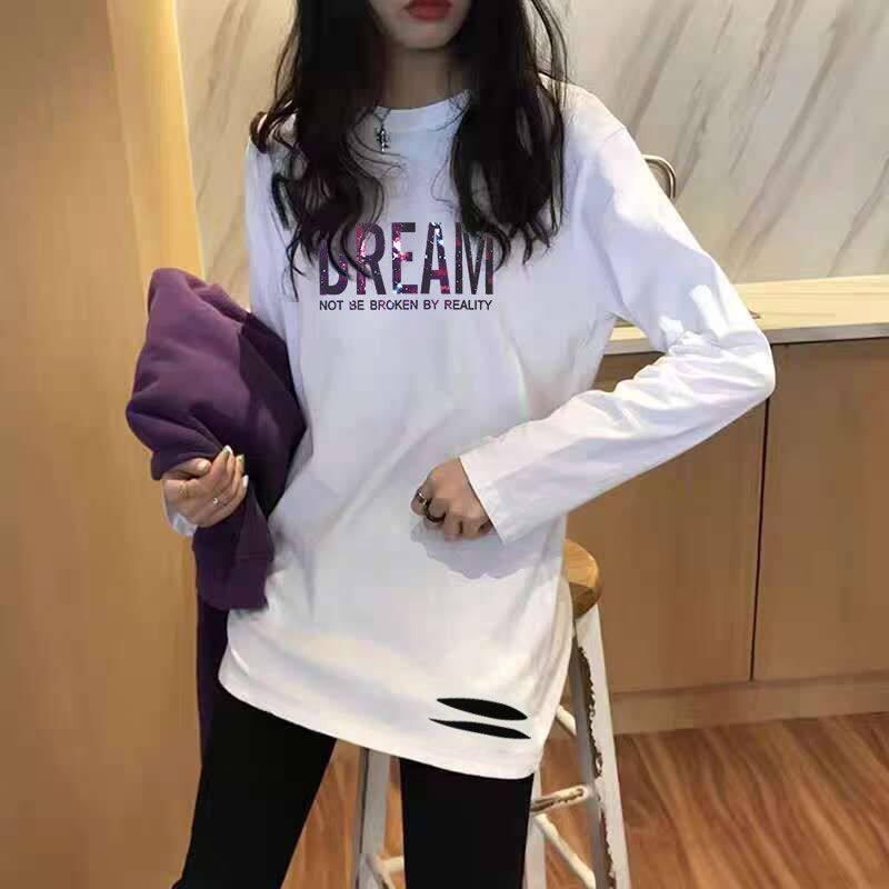 搭鲨鱼裤 纯棉白色加绒破洞打底衫女秋冬时尚潮流百搭中长款上衣