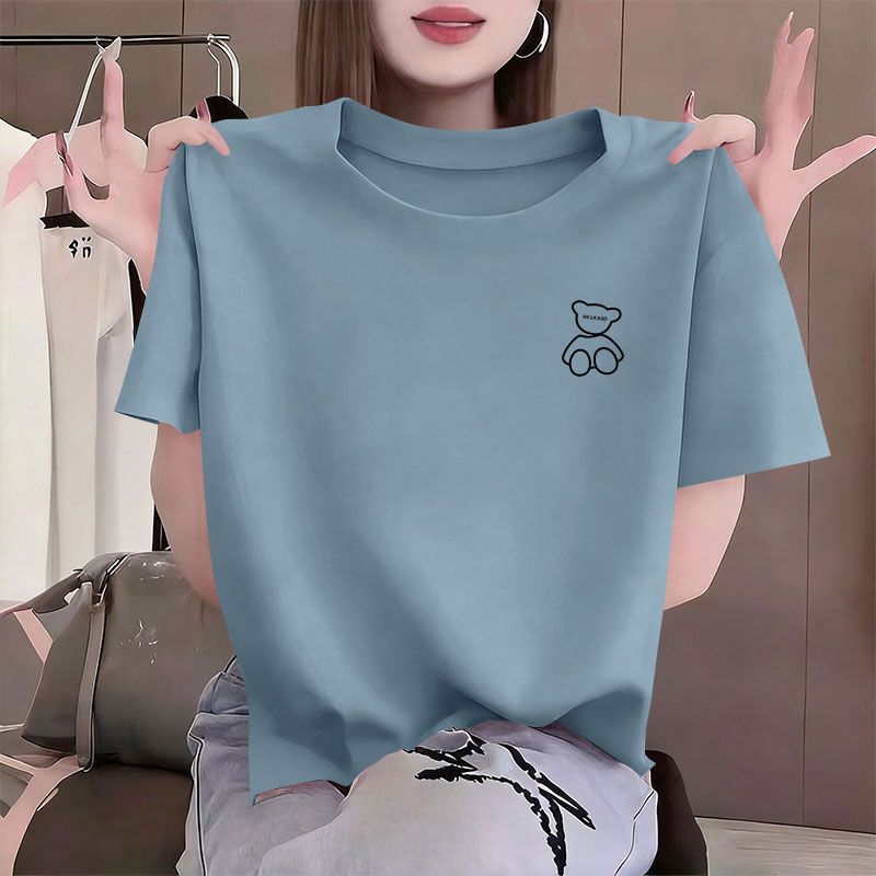 纯棉雾蓝色短袖休闲T恤女夏