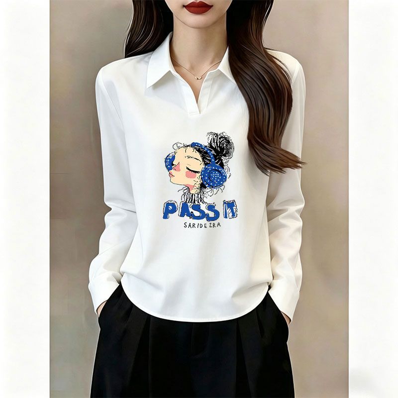 100%纯棉长袖翻领印花T恤